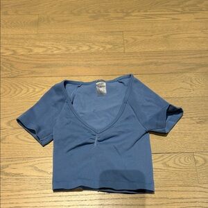 Aritzia Dusty Blue Ribbed V-Neck Cropped Top